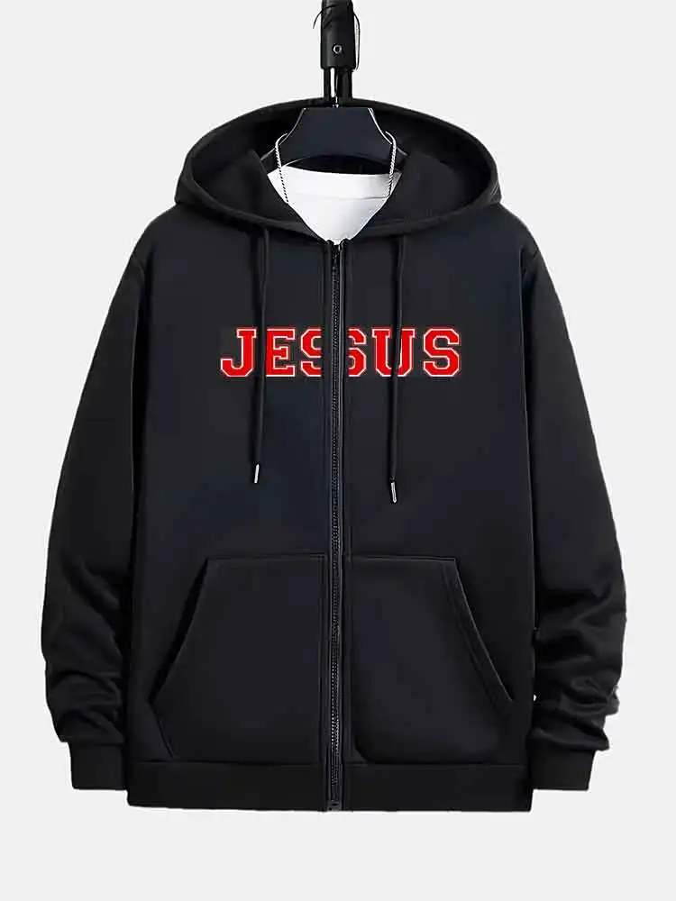 

Мужская толстовка на молнии с принтом JESUS, повседневная толстовка с капюшоном на шнурке и карманом-кенгуру, уличная одежда для мужчин