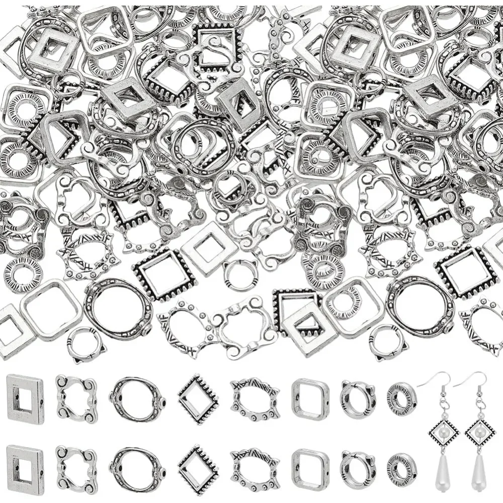 Double Hole Frame Spacer Beads para Brinco DIY, Quadrado, Oval, Redondo, Hugger, Conectores de Quadro, 8 Estilos, 112Pcs