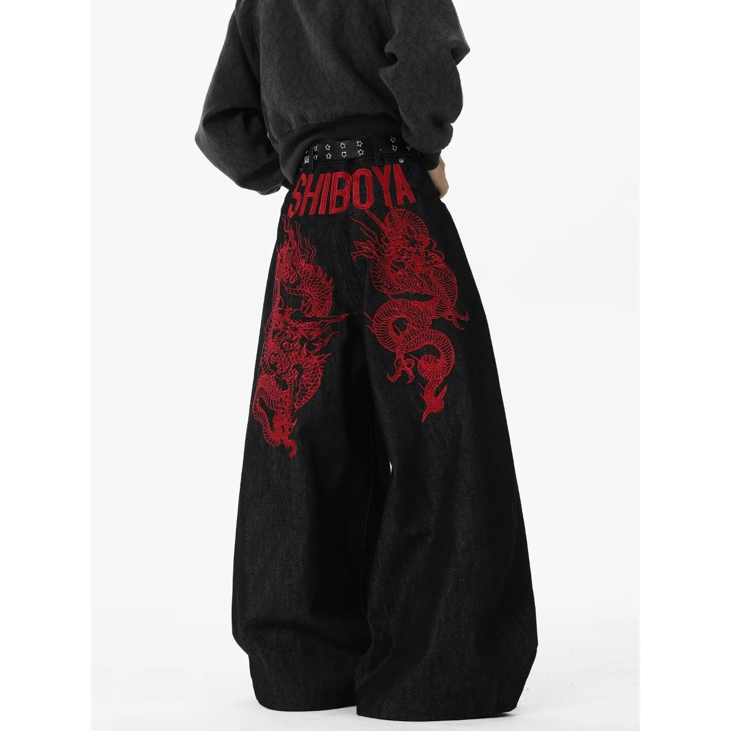 Red Dragon Embroidery Curved Knife Workwear Denim Pants Loose Wide Leg Straight Leg Slightly Flared Pants