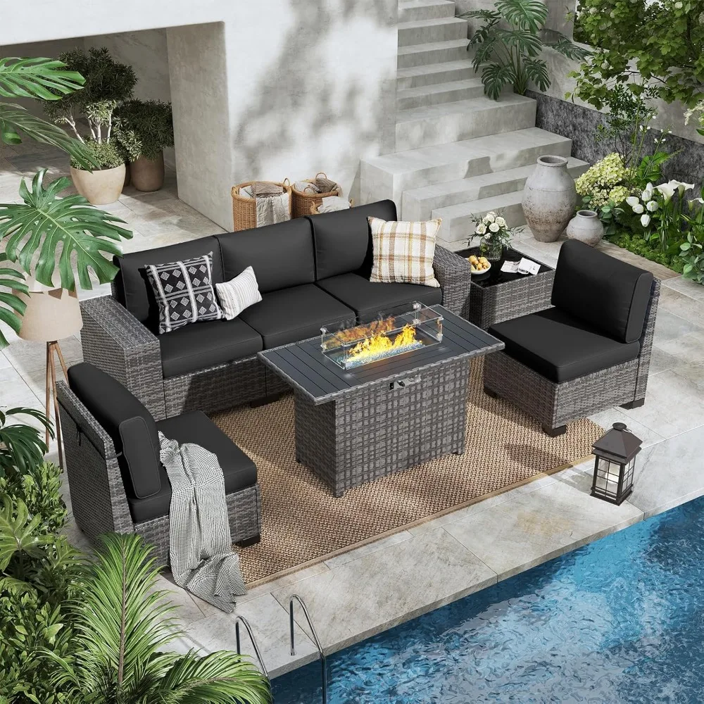 

7 Pieces Outdoor Patio Furniture Set with 44" Fire Pit Table Gray Rattan Sectional Sofa Conversation Sets for Balcony Lawn