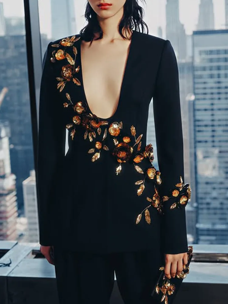 ZMEENNA المرأة السوداء الأزهار السترة العميق U الرقبة دعوى سترة طويلة الأكمام أنيقة ملابس خارجية للحفلات تناسب شيك قمة الموضة ZM3219