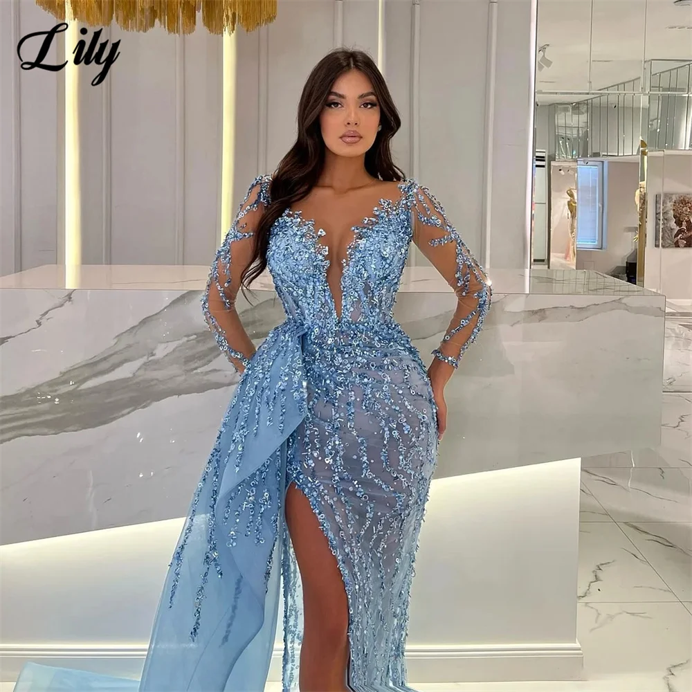 Lily Sky Blue Sexy V-Neck Evening Dress Transparent Lace Sequin Party Dress for Wedding Satin Side Slit Ball Gown فساتين السهرة