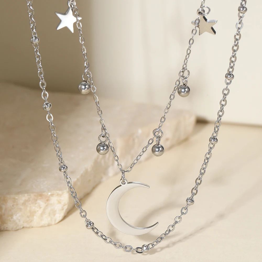 Stainless Steel Necklaces Elegant Romantic Star Moon Pendant Multilayer Chain Necklace For Women Jewelry Banquet Fine Gift New