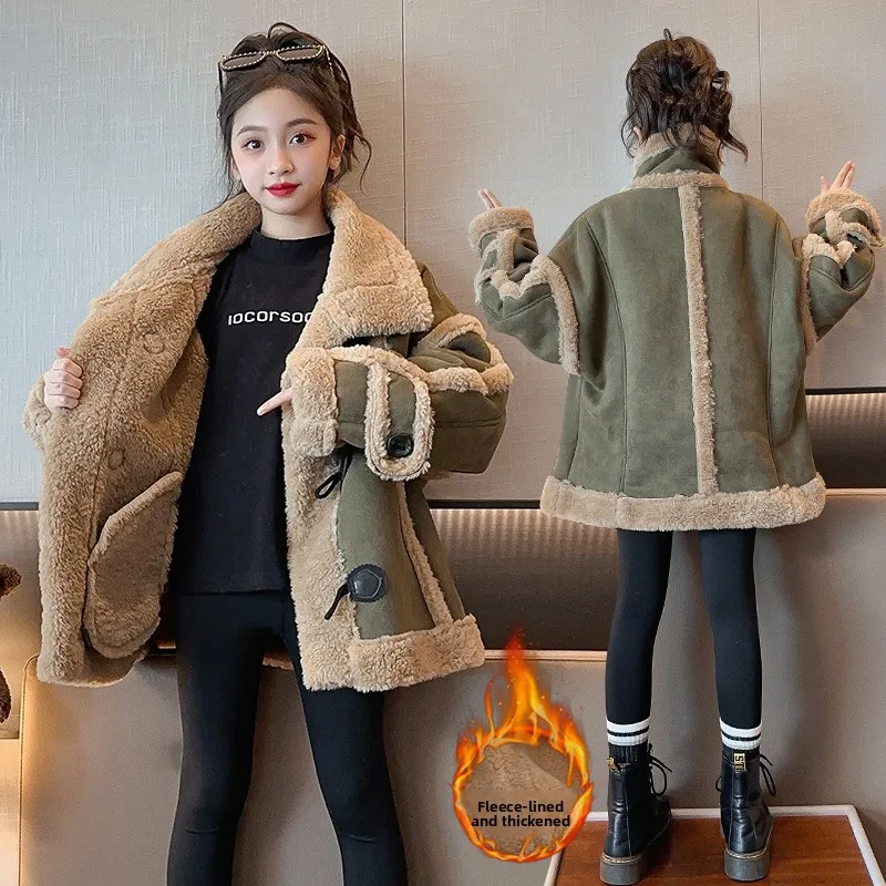 

Thiened Suede Winter Jaet for Girls 2024 New Korean Sle Fur Lined Outerwear Warm Top for Children's Winter Cl...