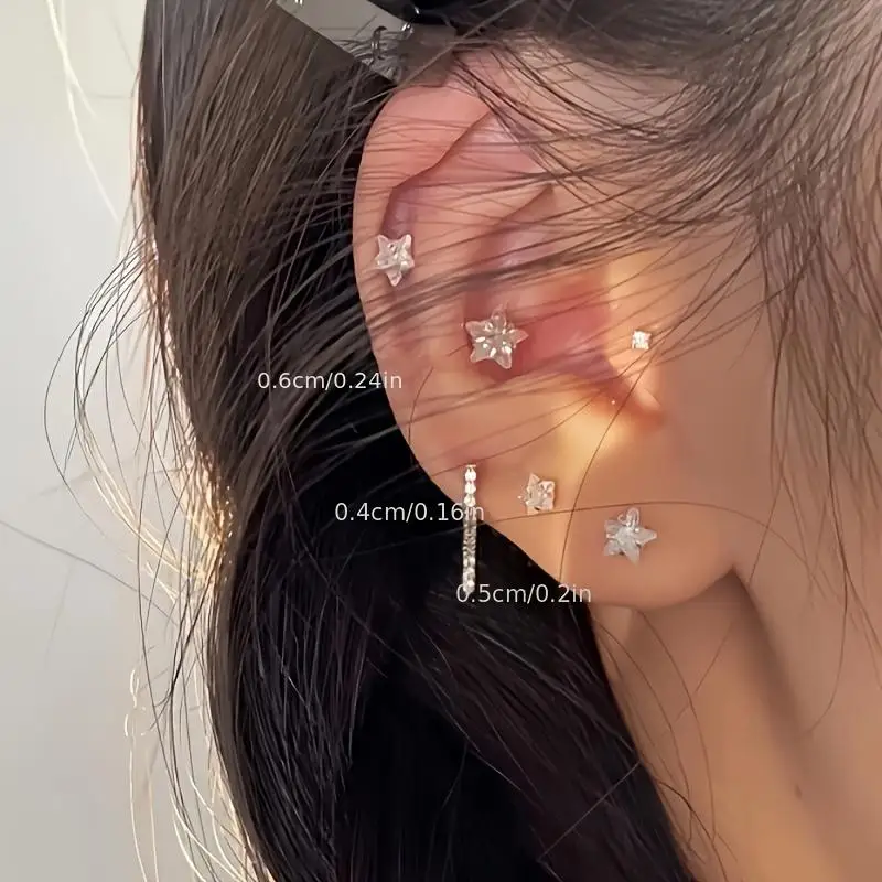 3 Pairs Stainless Steel Pentagram Cubic Zirconia Screw Back Stud Earrings Fashion Simple Style Star Ear Studs for Women 4/5/6mm