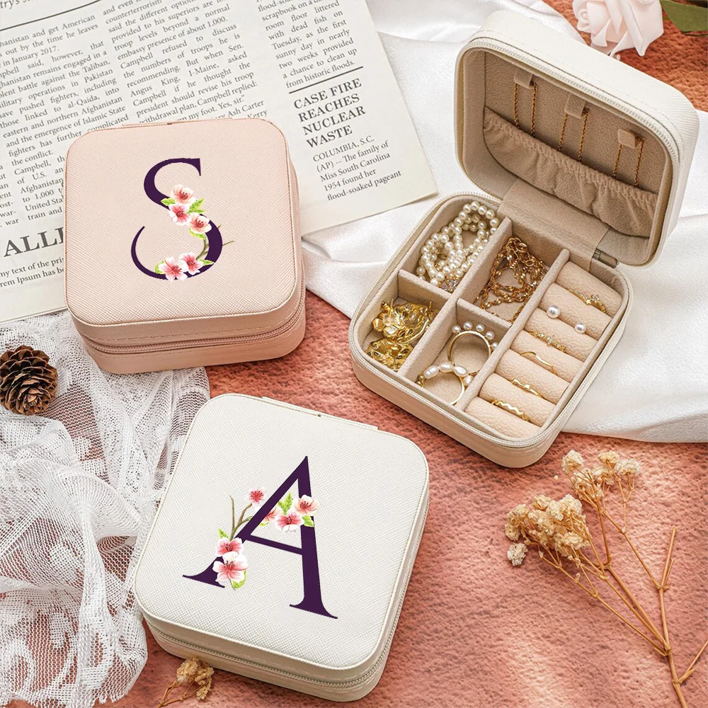 

1pc Trendy Cherry Blossom Letters PU Leather Jewelry Box Portable Jewelry Storage Organizer for Women Travel Bridesmaid Gifts