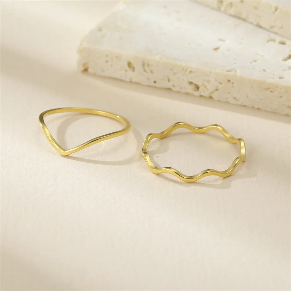 Minimalist Stackable Wave Rings for Women Geometric Finger Ring Stainless Steel Golden Jewelry Thin Rings Set Daily Party Wear