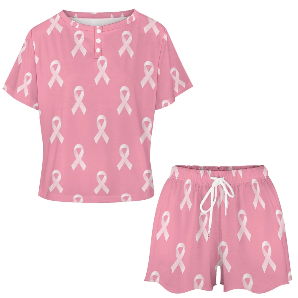 Pink Ribbon Pattern Women's 2-Piece Button Down Short Sleeve Button Front Sleepwear Loungewear PJ Set Summer Home Suit