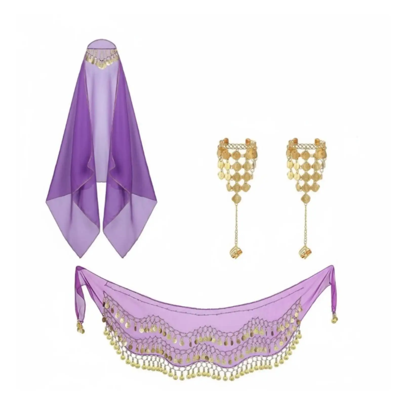 Women Fortune Teller Costume Set 4 Piece Belly Dance Outfit with Gold Sequin Hip Scarf Head Covering Metal Disc Bracelets for