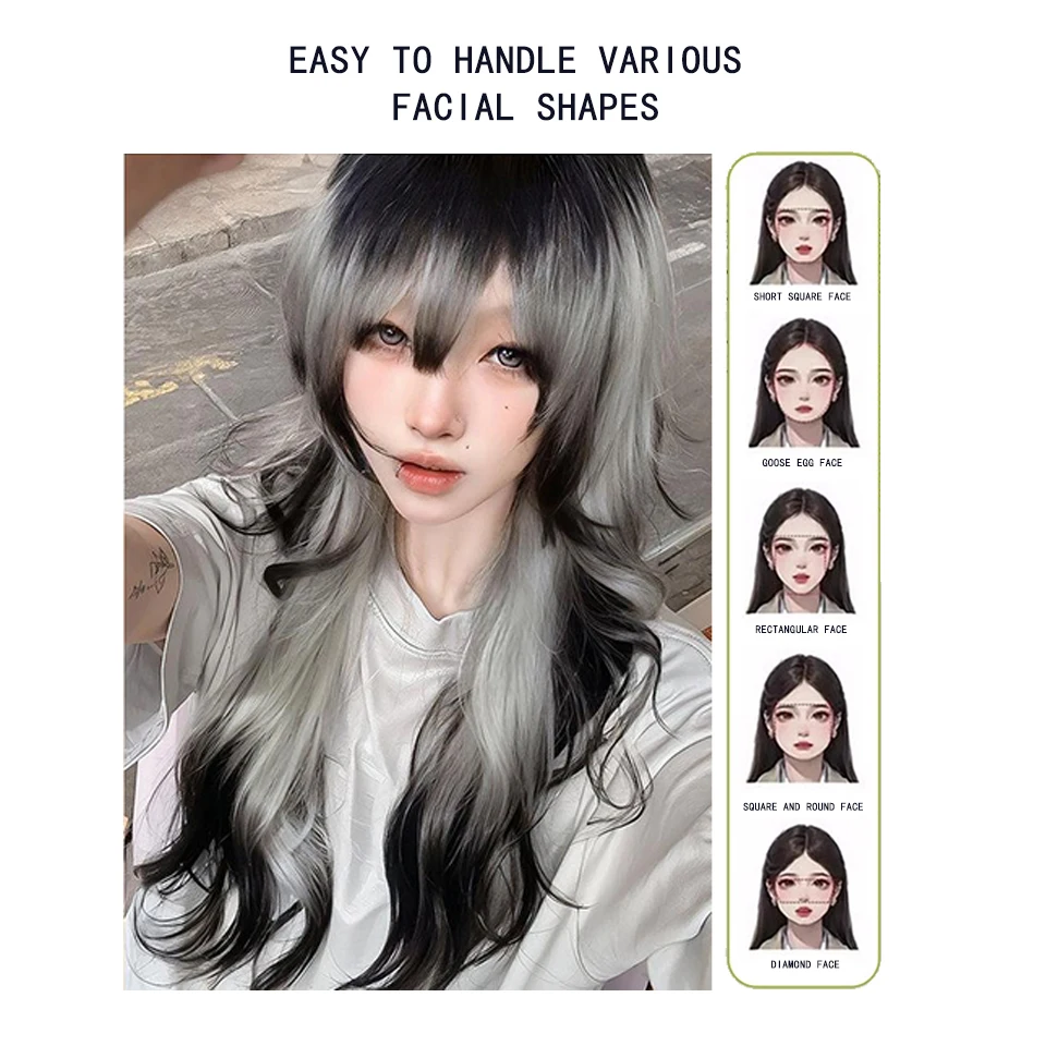 Synthetic Gradient Animal Hair Color For Cosplay Long Rolling Waves Layered Wigs with Bangs for Women Heat Resistant Fake Hair