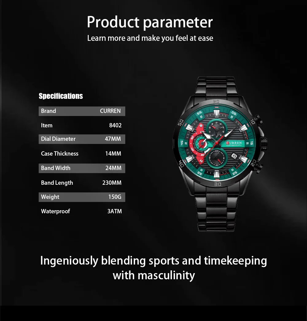CURREN 8402 Herren Edelstahl-Uhr Kreatives Mode-Design Leuchtendes Zifferblatt mit Chronograph Freizeit-Luxus-Herrenuhr Reloj Hombre – Detail 5