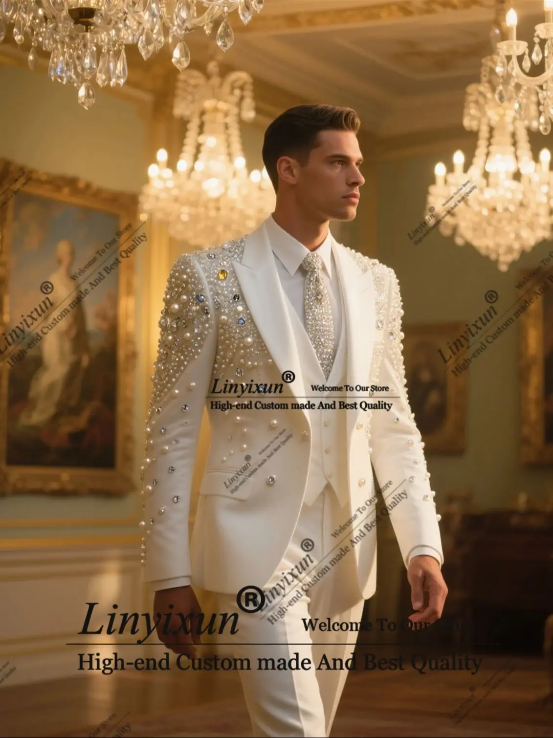

Formal Shiny Men Suits Luxury Beaded Crystals Groom Wedding Tuxedos 3 Pieces Sets Male Prom Blazer Slim Fit Party Costume Homme