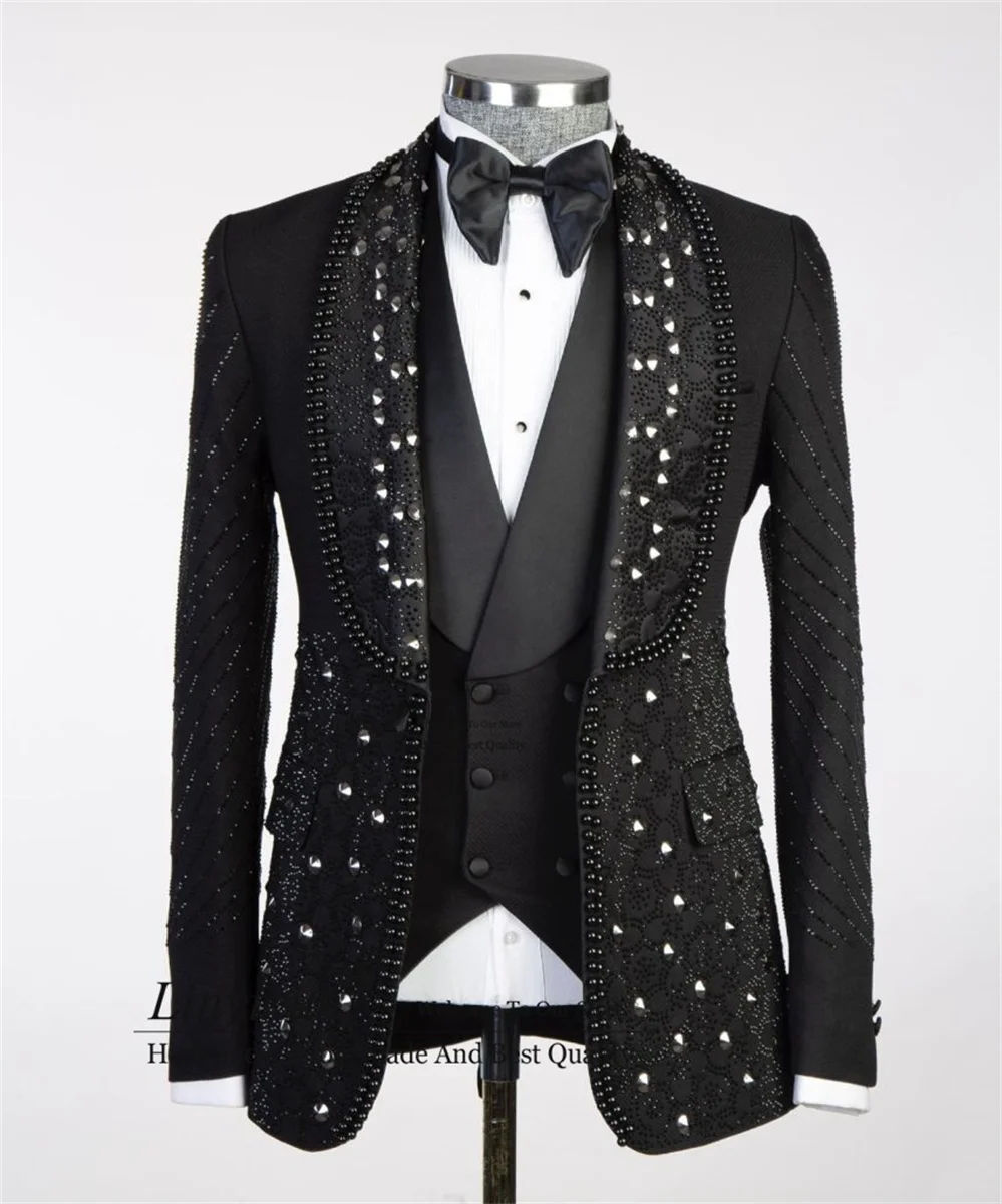 Luxurious Jewelry Ornament Tuxedos Men Suits 3Pieces Wedding Groom Dinner Party Shawl Lapel Male Prom Blazers Slim mens clothing