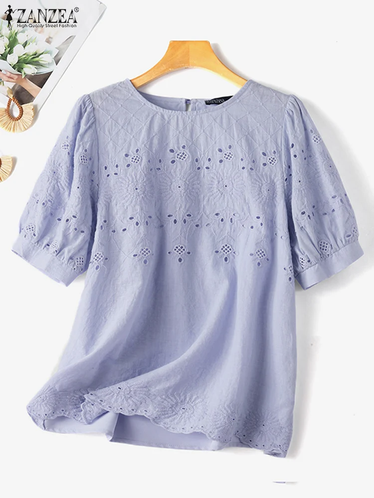 ZANZEA-Blusa de ganchillo de encaje para mujer, camisa informal de trabajo de manga corta con cuello redondo, Tops de vacaciones para mujer 2024