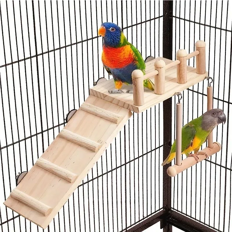 Bird Perches Platform Swing Climbing Ladder Parrot Cage Accessories Wooden Playing Gyms Exercise Stands Parrot Cage Toys Sets