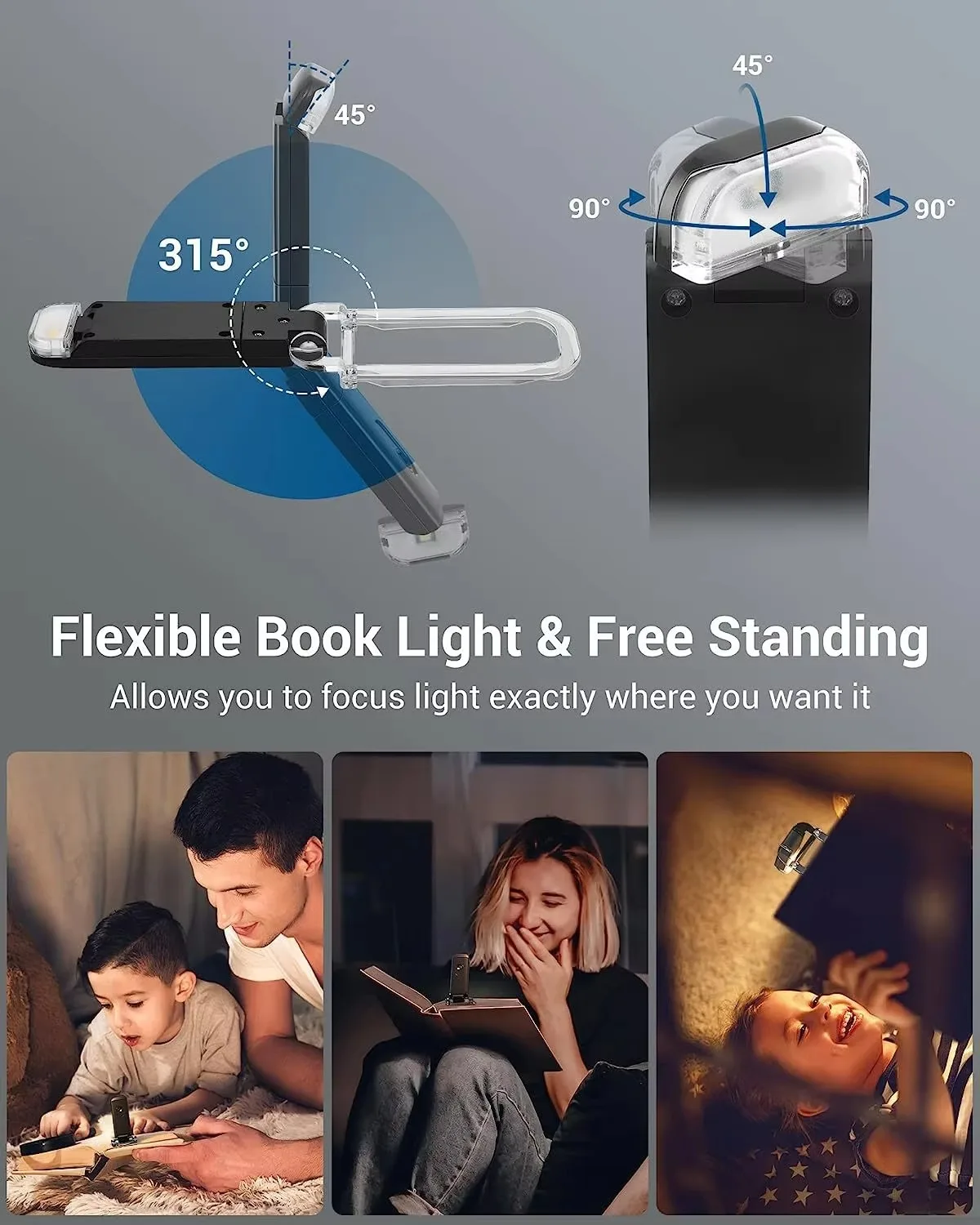 USB Rechargeable LED Book Reading Light Dimmable Night Lights Clip Portable PC Lamp Body Blue/White for Bedroom & Living Room