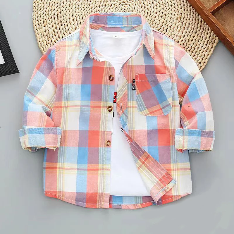 1-8Y Toddler Boys Shirt Spring Summer Cotton Plaid Printed Jacket Fashion Kids British Style Long Sleeve Shirt Children Clothing