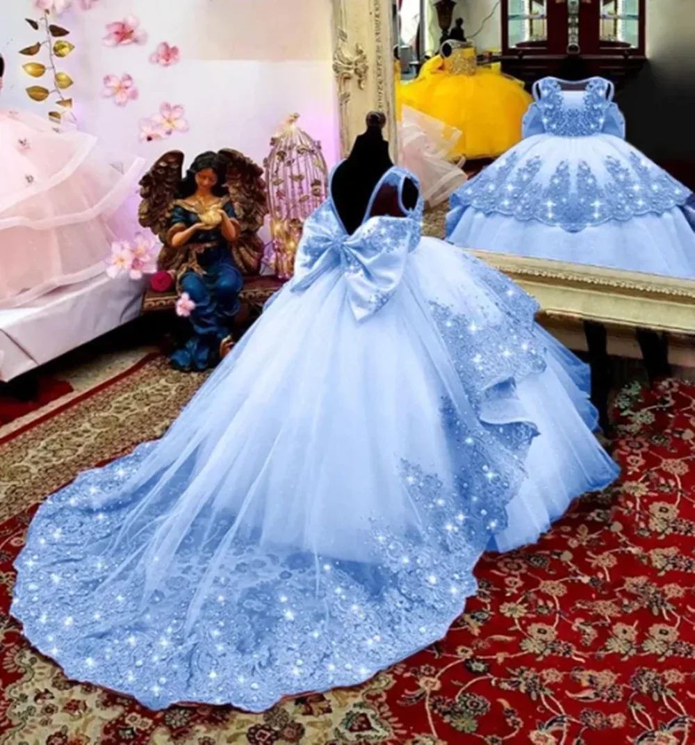 Vestido de niña de flores personalizado, primer vestido de Navidad, vestido de fiesta de boda, tren de cuentas de encaje verde menta, vestido de noche para niños فسات