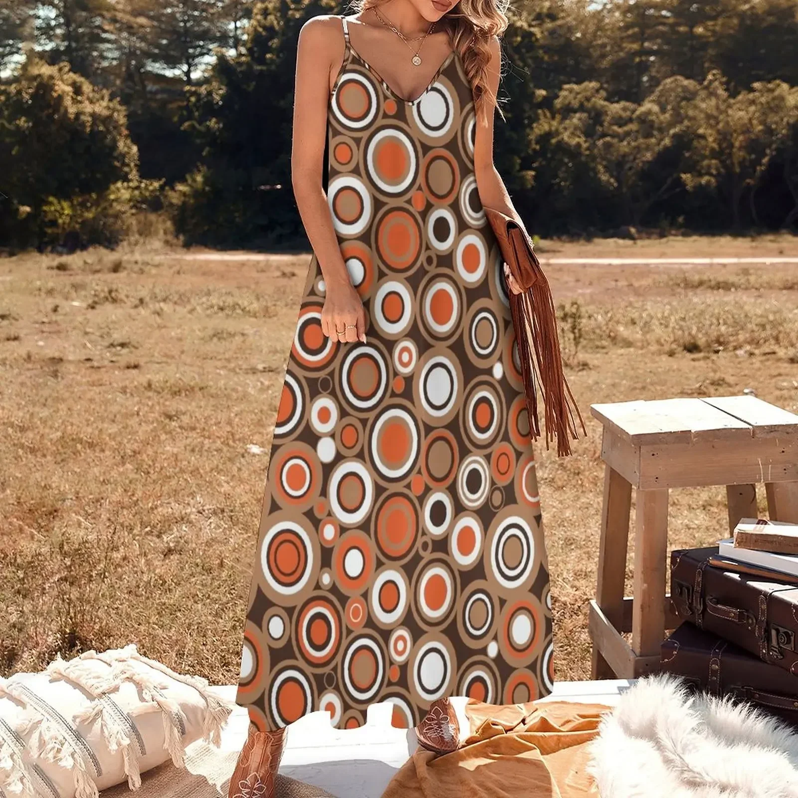 Orange, White and Brown Circle Retro Pattern Sleeveless Dress womens clothing Party dresses dress women summer 2024 Dress