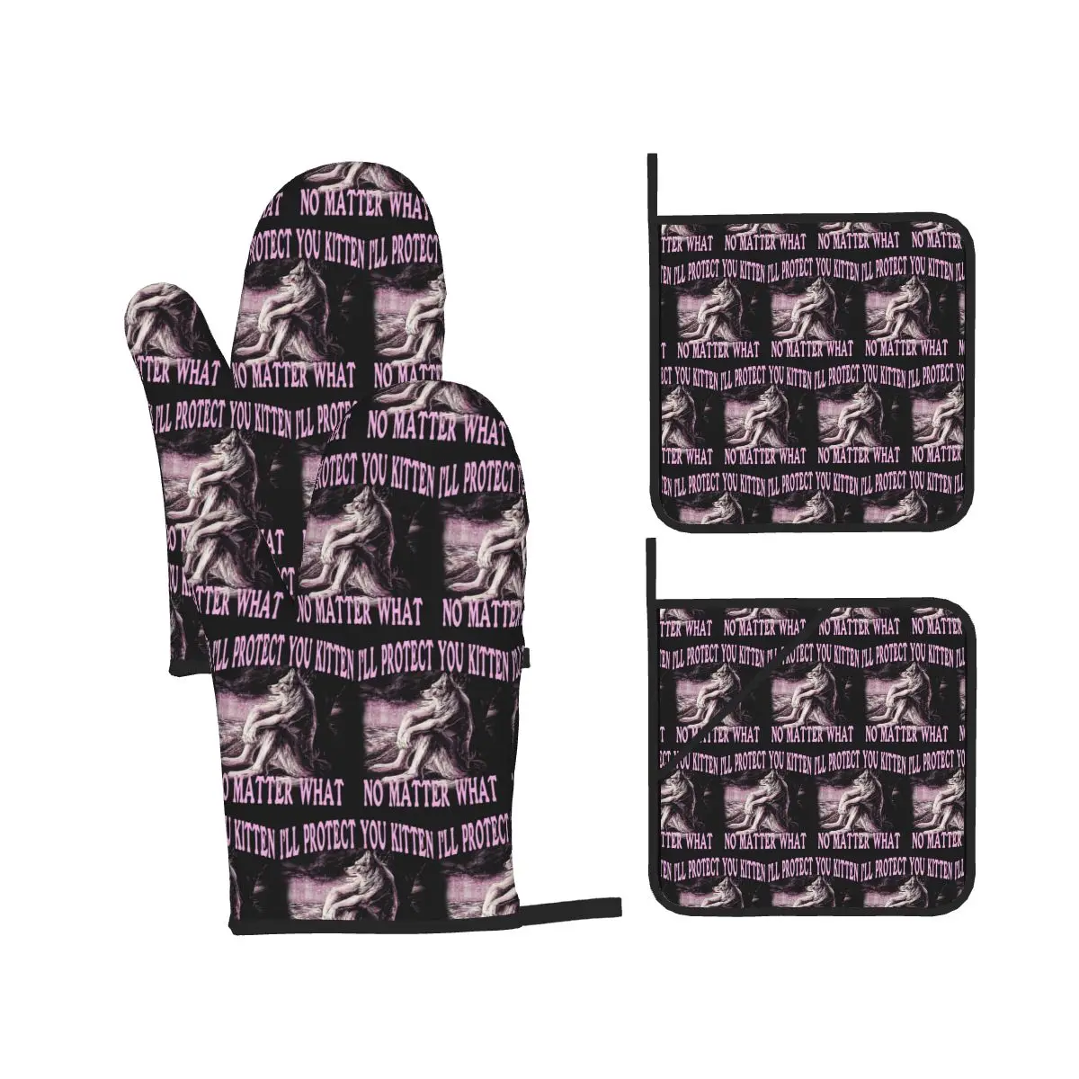Wolf Ripping Alpha Wolf Werewolf Oven Mitts and Pot Holder Sets of 4 for Baking Cooking Grilling Resistant Non-Slip Gloves
