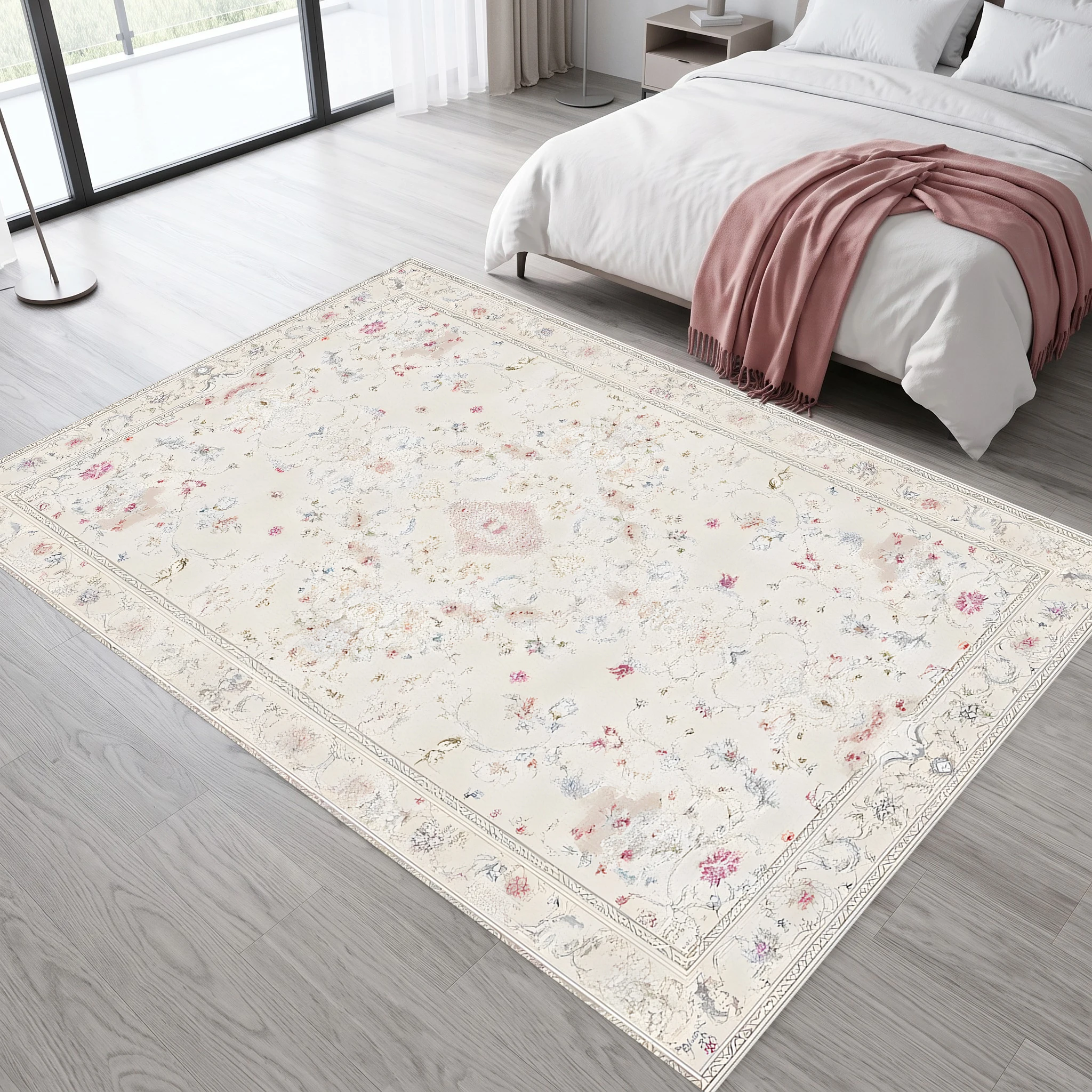 Creamy White Persian Floral Velvet Area Rug, French Cozy for Living Room Bedroom, Christmas Autumn Winter