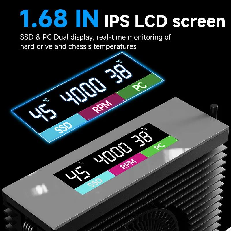 M.2 2280 SSD Drive Cooler With Intelligent Temperature Sensing Control PWM Turbine Fan IPS Color Screen MCU Heatsink