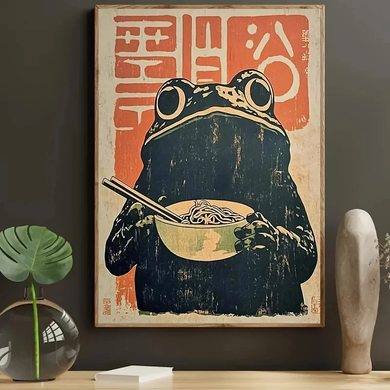 Abstract Retro Japanese-style Frog Eating Ramen Canvas Poster Picture Wall Art, Living Room