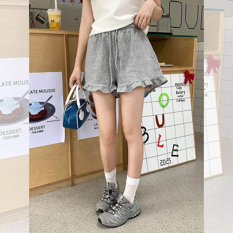 Süße Freizeithose mit Rüschensaum für Damen, Sommerkleidung, elastische Taille, Krawatte, schlankmachende, atemberaubende Shorts