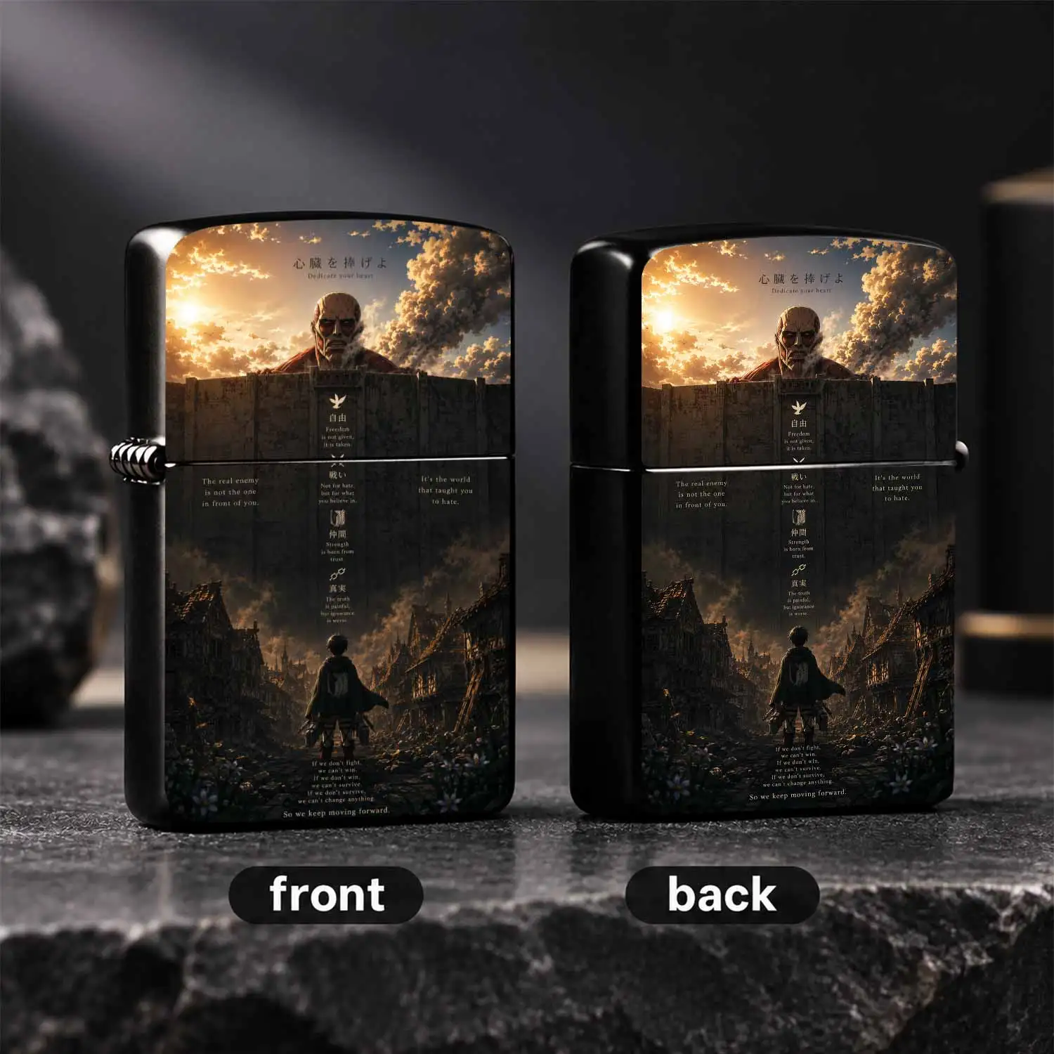 Attack on Titan Themed Lighter, Classic Anime Peripheral with Classic Quotes Like Dedicate Your Heart, Freedom Is Taken, The Colossal Titan Over Wall Maria Scene, Exquisite Collectible Accessory for Anime Fans, Ideal Daily Use or Memorial