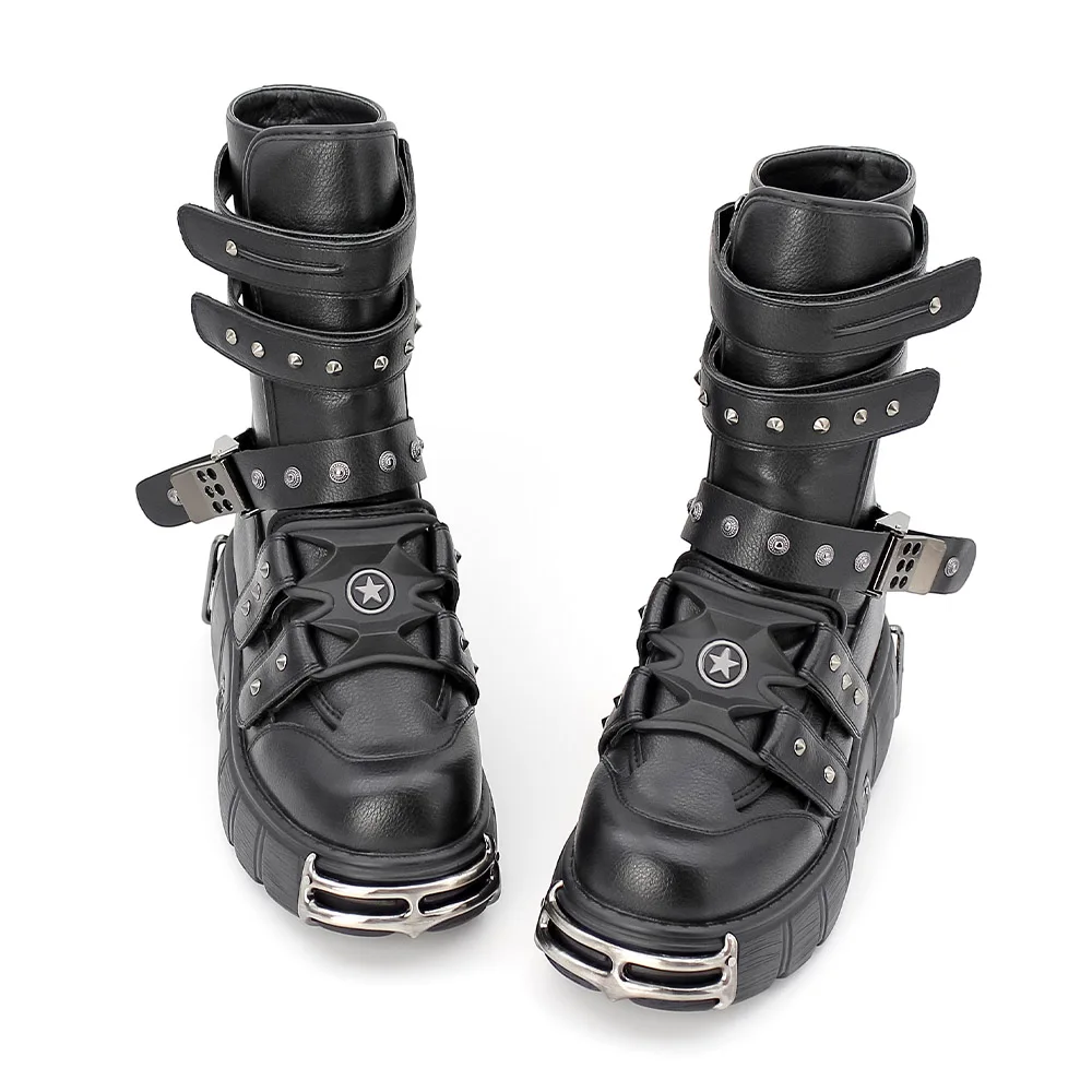 2023 New Punk Style Men and Women Boots High Heel Platform Shoes Height 6CM Woman Gothic Ankle Rock Boots Metal Decor Retro