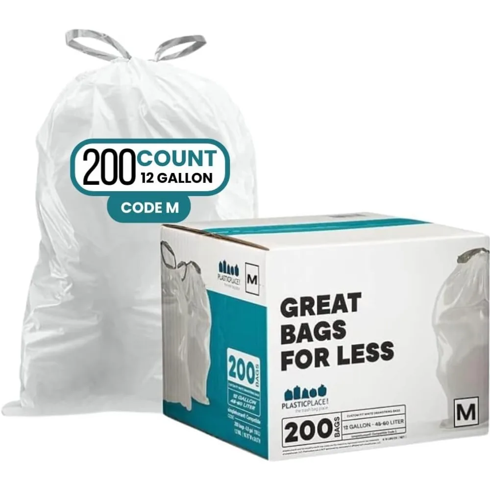 

Trash Bags, Compatible with simplehuman Code M (200 Count) White Drawstring Garbage Liners 12 Gallon / 45 Liters, 21" x 30.5"