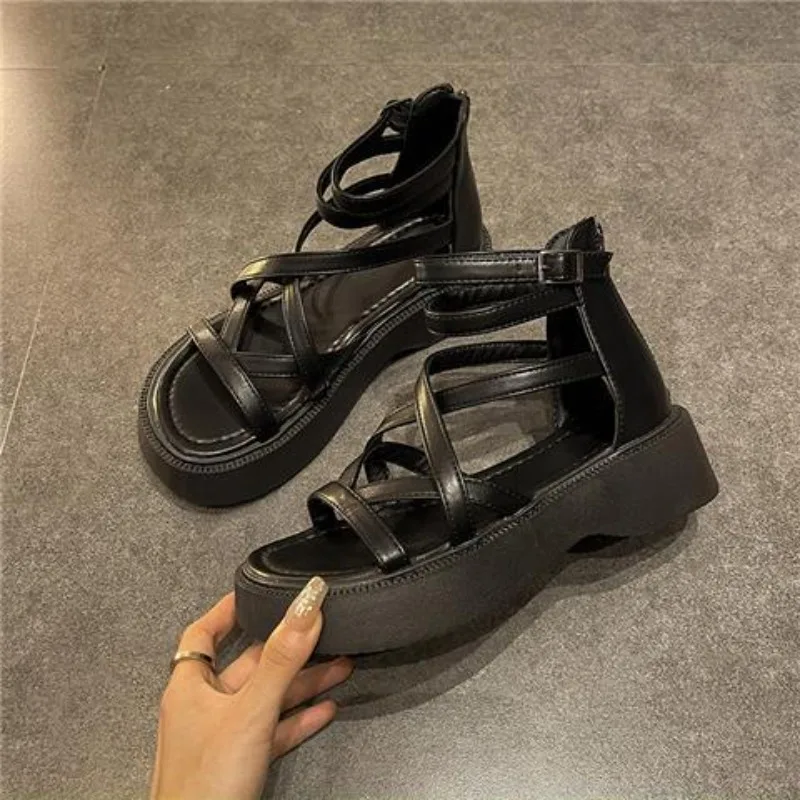 Thick Heel Women Sandals Women\'s New Hollow Open Toe Shoes Fashion Casual Sandals Female Designer Flat Roman Shoes Summer 2024