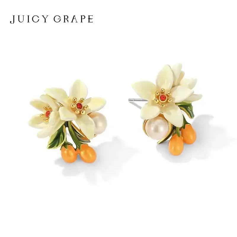 Pendientes de perlas esmaltadas de verano para mujer: flor de naranja blanca y diseño pequeño de Kumquat