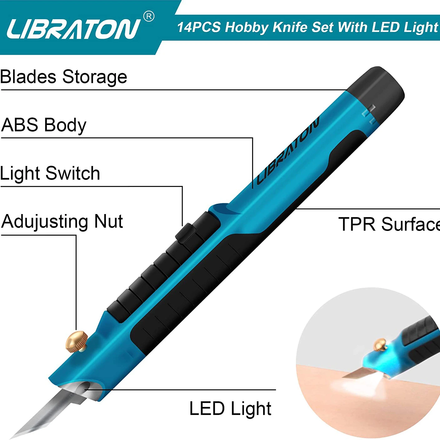 LIBRATON Knife with LED Light, 1PC DIY Craft Knife with 13PCS Knife Blades, Precision Knife Set for Art Work, Wood, Paper etc