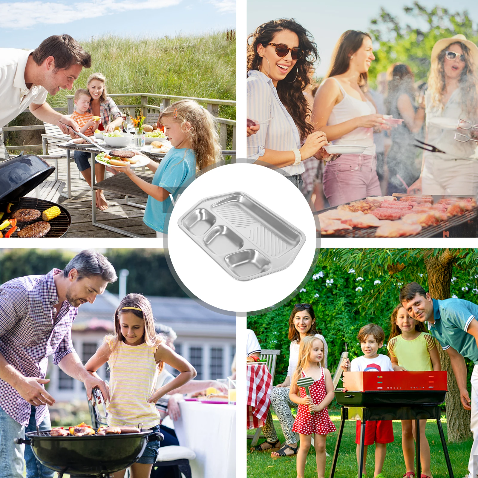 

Stainless Steel Dinner Plate 304 Grade Silver BBQ Sauce Tray Divided Compartments Serving Grill Meat Buffet Kitchen Tool