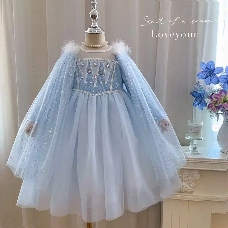 Girls' Princess Skirt Autumn Dress Baby Girls' Blue Beautiful Skirt Strap Shawl Detachable Dress 2-8Y