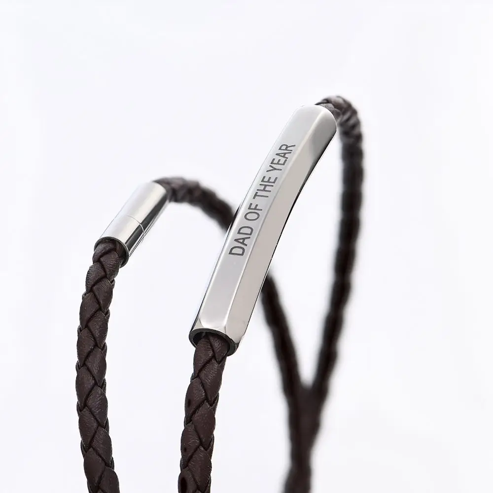 Double Leather Bracelet for Men Custom Stainless Steel Bar Tube Bangle with Magnet Jewelry for Men Personalization Names Gifts view 4
