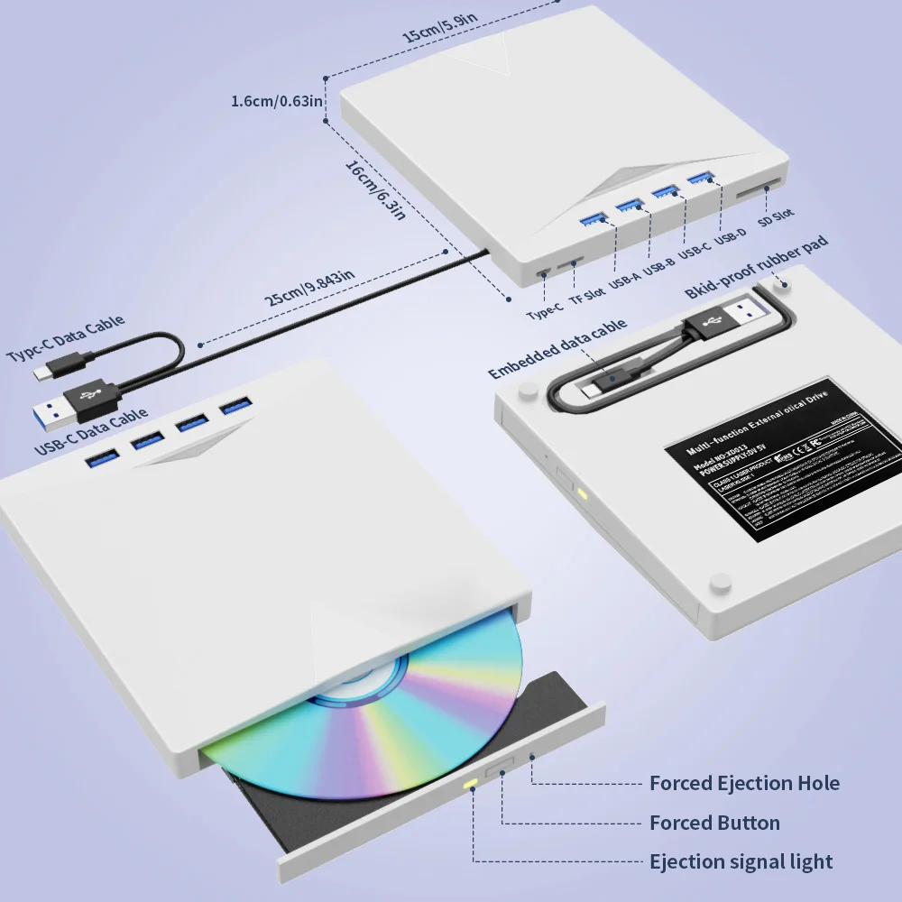 Unidad de CD DVD externa con 4 puertos USB y 2 ranuras para tarjetas TF/SD, USB 3.0 Unidad de disco de CD/DVD portátil Lector de grabadora Escritor