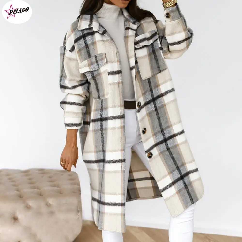 

PULABO Winter Checked Women Jacket Oversize Long Coat Warm Plaid Thick Woolen Blends Female Casual Streetwear Windbreaker Outfit