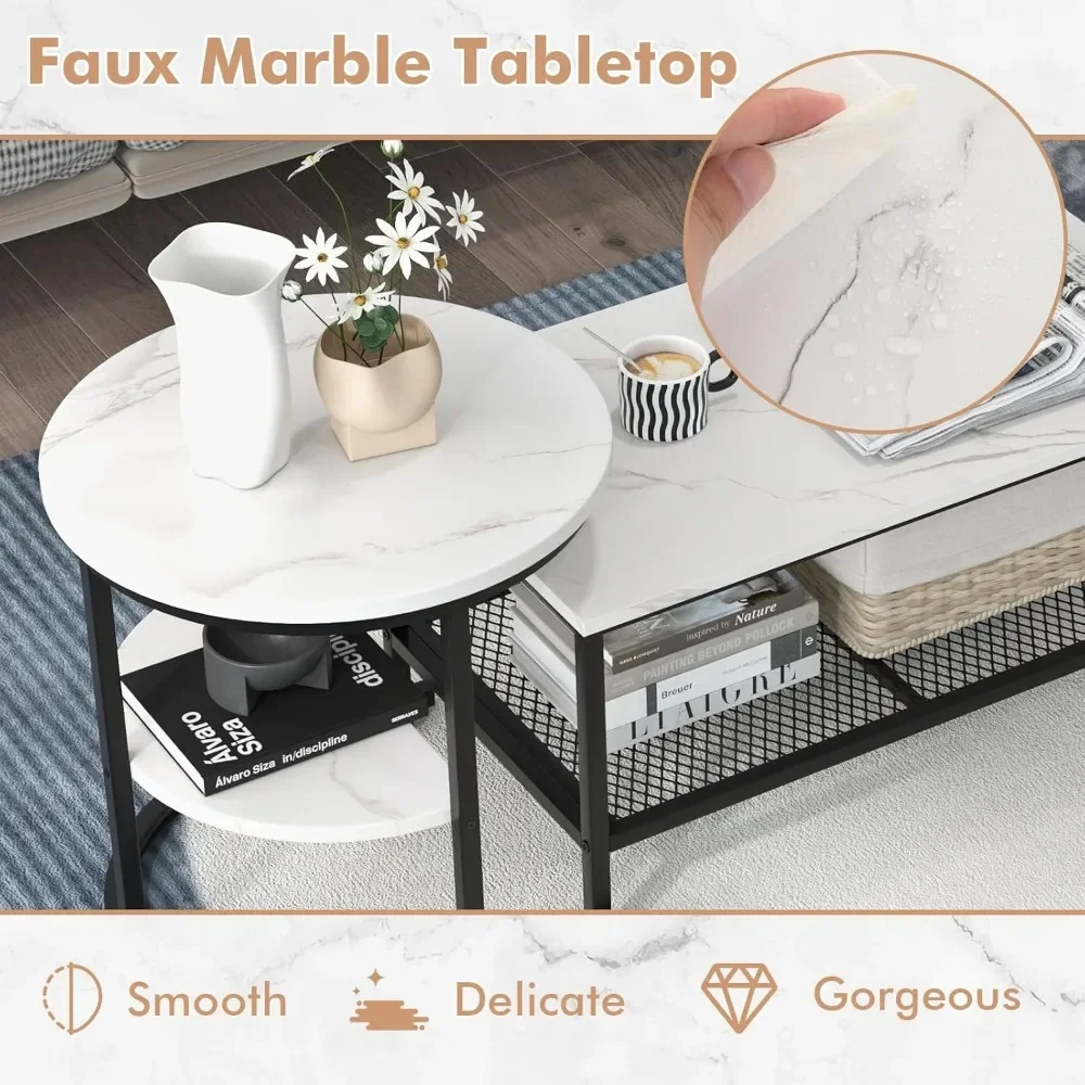 Nesting Coffee Table Set of 2, Detachable Rectangular Table & Round Table Set w/White Faux Marble Print,Sturdy Black Metal Frame