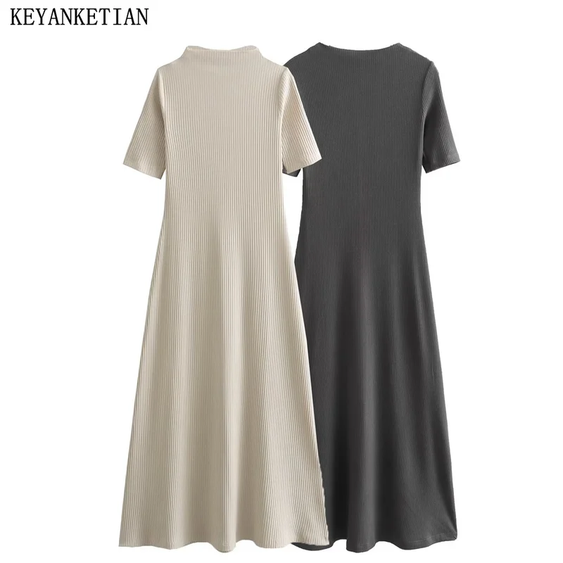 

KEYANKETIAN New Women's Soft Touch Pit Stripe Knitted Dress Fashion Simply Mock Neck Short Sleeve Slim A Line Ankle MIDI Skirt