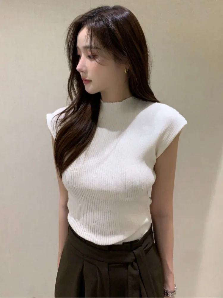 

Dongda Gate 2025 Summer New Pure Color Simple ort Sve Knitted Women's Slim Fit Top Trendy Polyester Fiber 00%