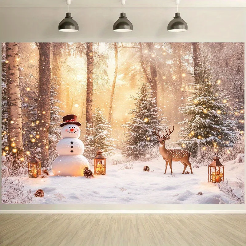 قطعة واحدة من قماش الخلفية ثنائي الأبعاد "ستارة غابة عيد الميلاد العجائب: رجل ثلج، مرافقة الرنة، فوانيس تألق في الشتاء #2