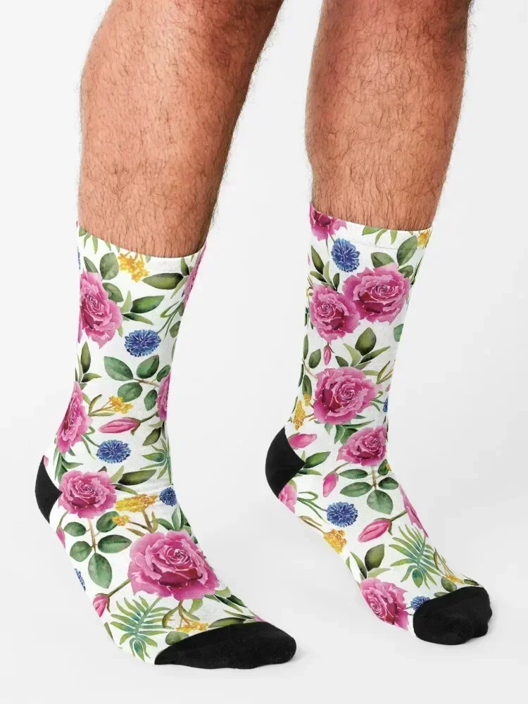 Watercolor Roses - Pink, Blue, Yellow & Green Floral/Botanical Pattern Socks Climbing summer gifts Mens Socks Women's