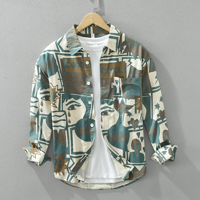 

Japanese Streetwear Fashion Mens Printed Shirt Long Sleeve Spring Summer New Men's Shirts Pure Cotton Male Shirts Literary Tops