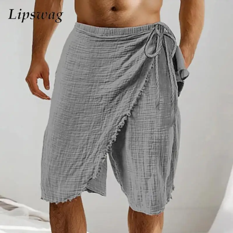 

Boho Men's Linen Shorts Seaside Beach Casual Breathable Solid Color Drawstring Shorts Men Summer Vintage Irregular Loose Shorts