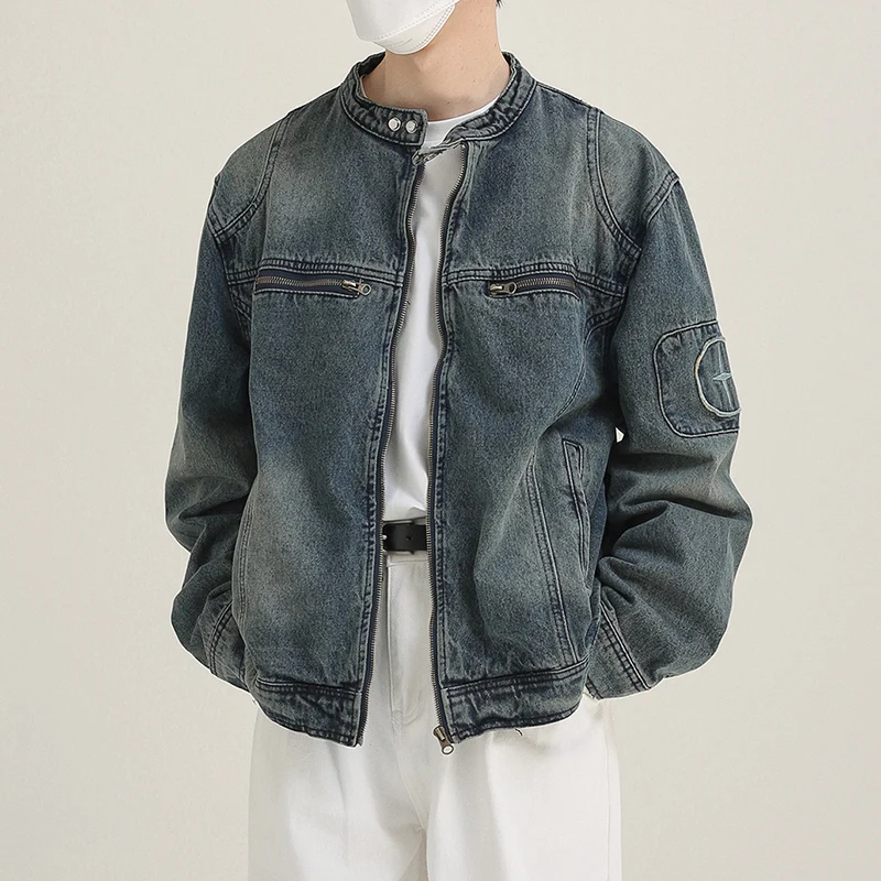 Y2K Harajuku الدنيم سترة رجالي يندبروف دراجة نارية معاطف الخريف غسلها القديمة الدنيم سترة موضة شارع العليا ملابس خارجية غير رسمية