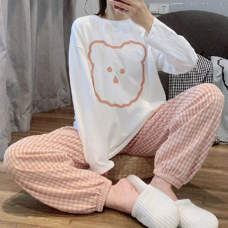 Ladies 2-Piece Set Of New Spring And Autumn Women\'s Sleepwear Long-Sleeved Trousers Korean Version Of The Loose Casual Homewear