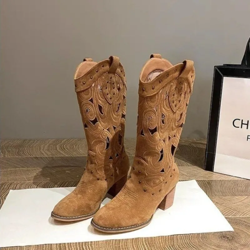 

2025 New Women's Mid-calf Boots Suede Leather Hollow Out Boots for Women Western Cowboy Boots Fashion Knight Booties Botas Mujer