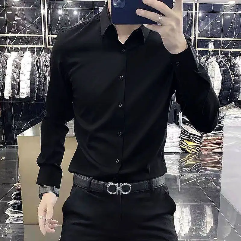 

Deep Blue Men's irt Long Sve Casual Thin Busin Formal Pure Color Spring Autumn Iron-Free Polyester Fiber High Elastici